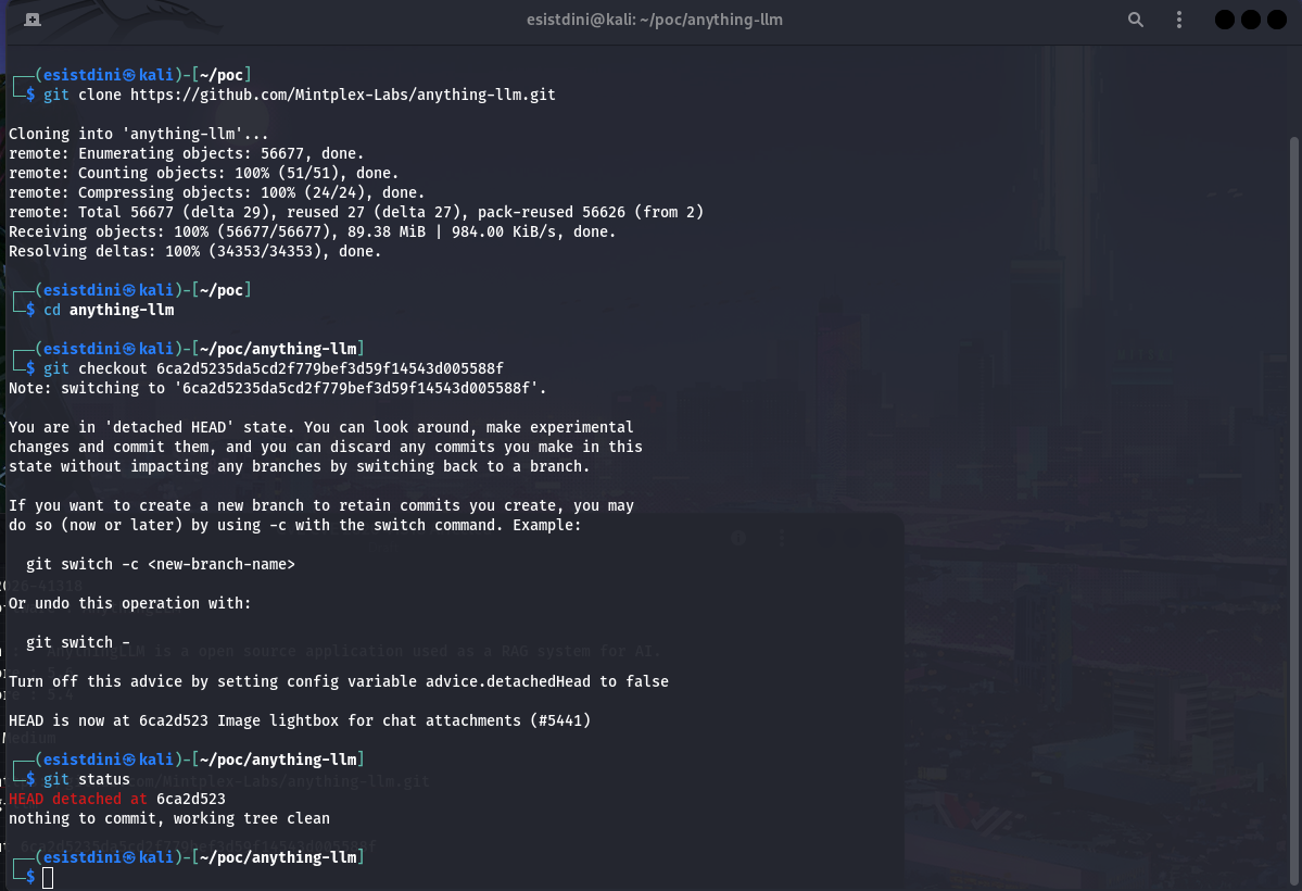 Cloning the AnythingLLM repository and checking out the vulnerable commit
